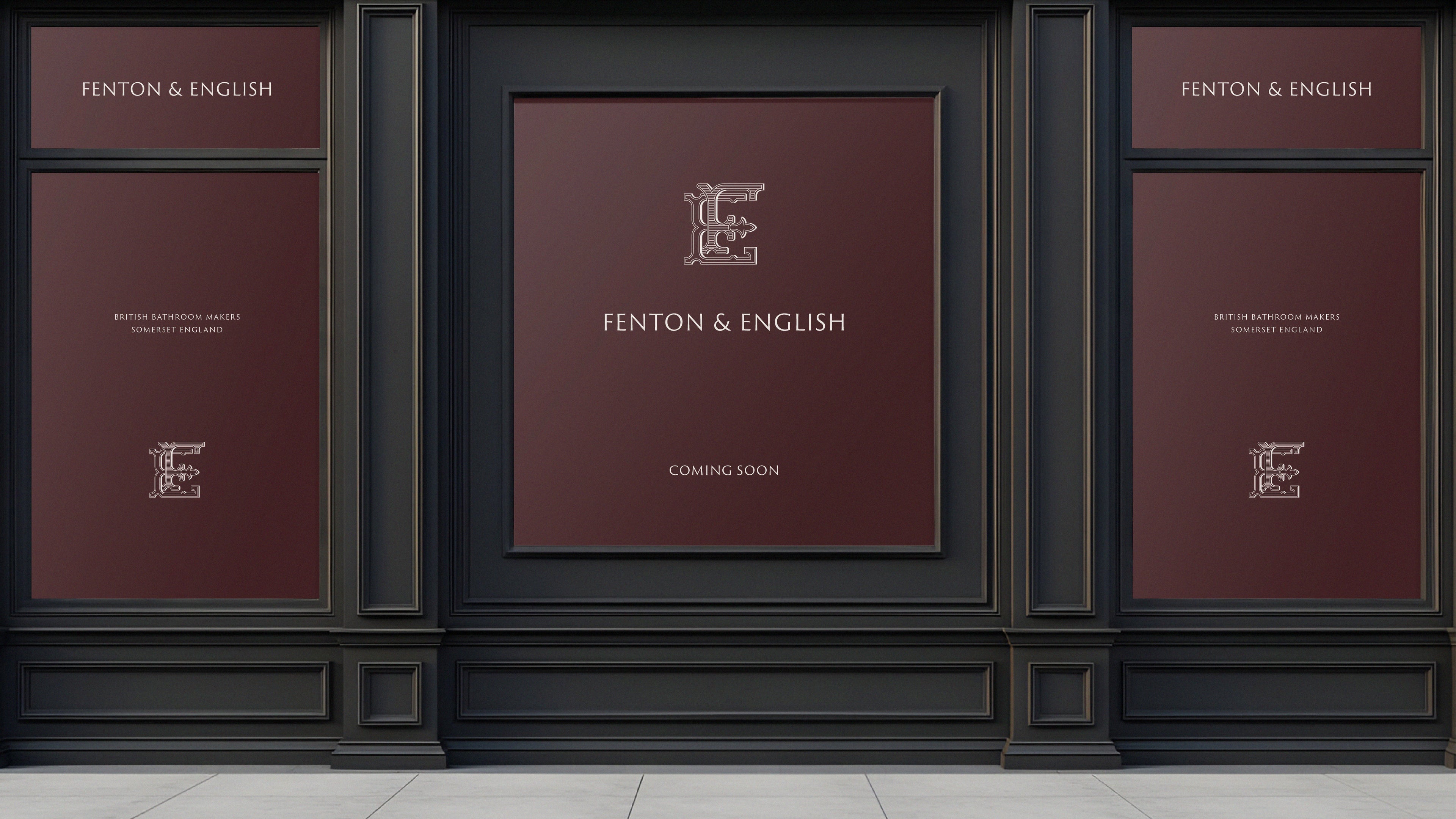 A storefront-style graphic with three dark panel frames and burgundy inset panels. The center panel reads 'FENTON & ENGLISH' with a large stylized 'F' logo and 'COMING SOON' below.